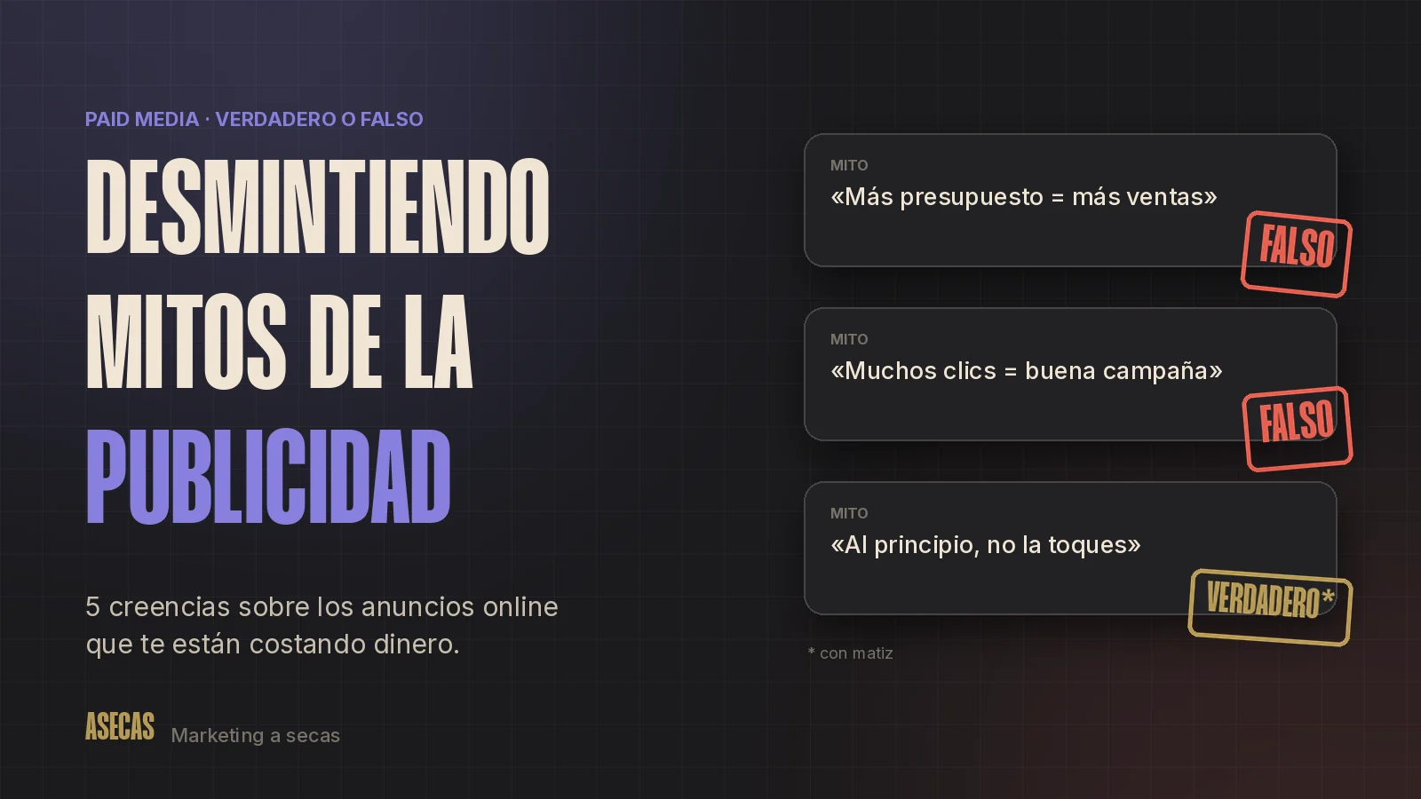 Desmintiendo mitos de la publicidad: tarjetas con mitos de Paid Media marcadas con sellos de FALSO y VERDADERO
